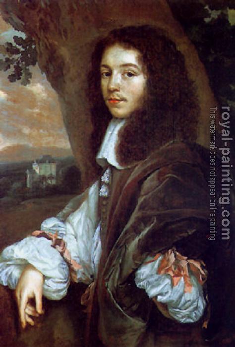 Jan Mytens : Portrait of Christaen Huygens in a landscape a country house beyond